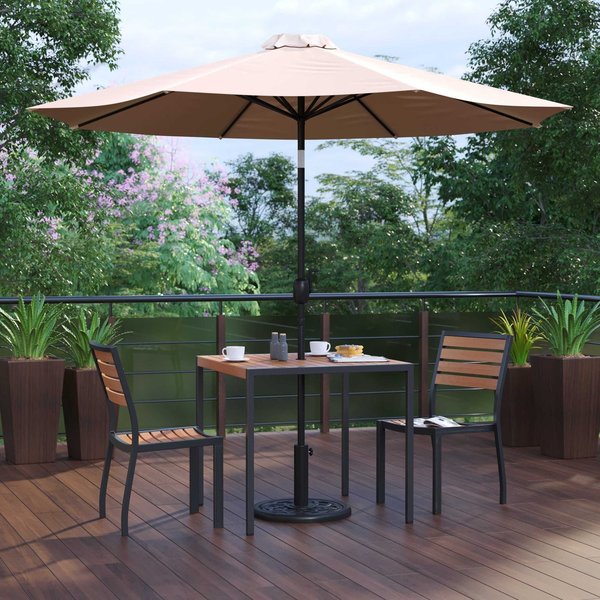 Flash Furniture Faux Teak 35" Table-Tan Umbrella-Base-2 Chairs XU-DG-810060362-UB19BTN-GG